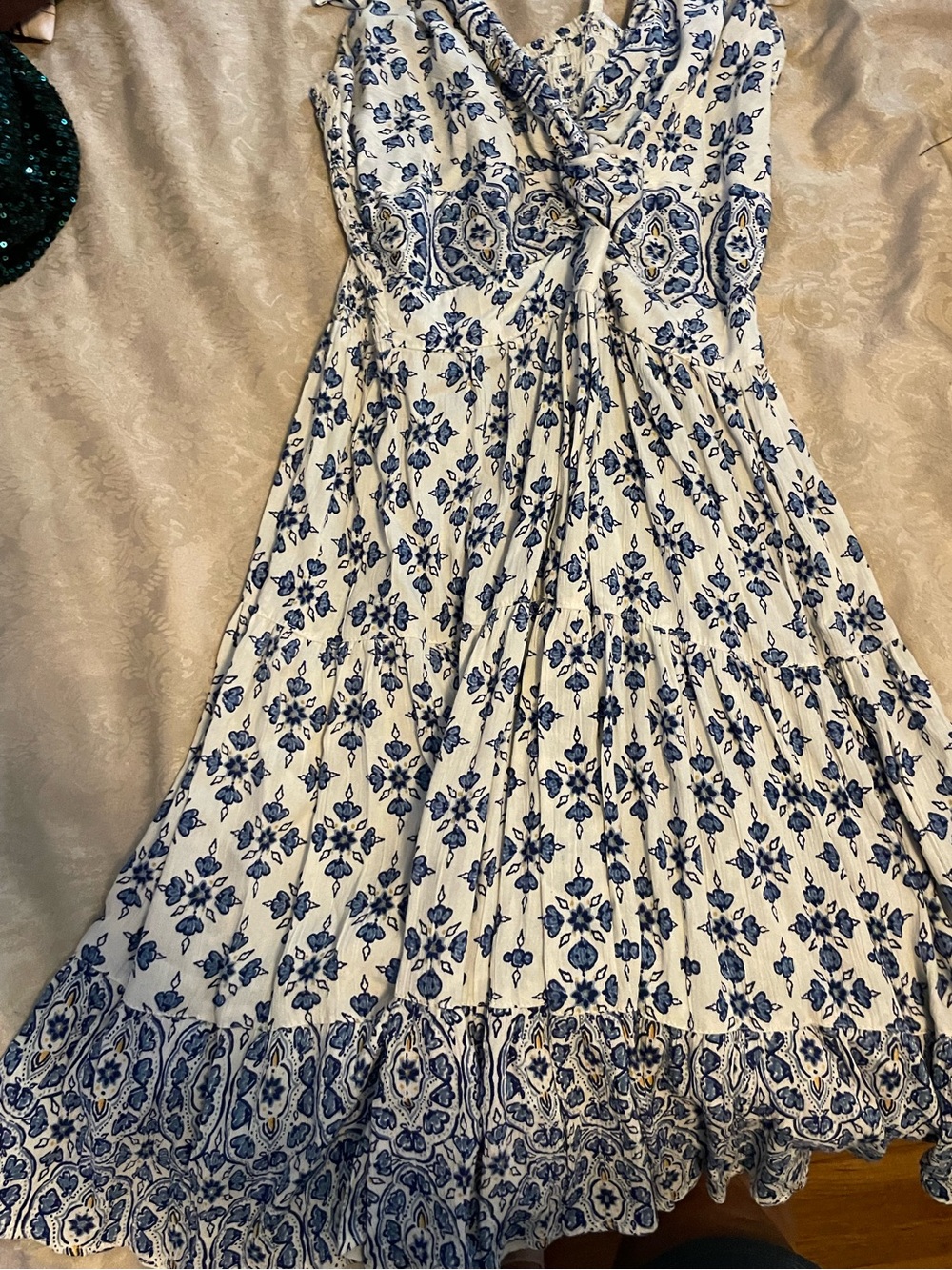 Blue & White Floral Summer Dress - Sleeveless V-Neck size medium